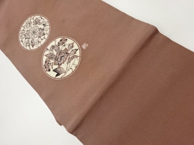 作家物　縮緬地草木手染草花に丸文模様名古屋帯